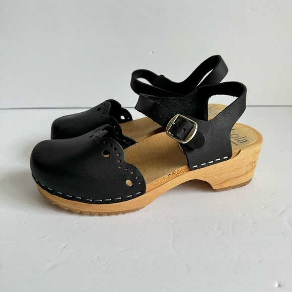 Skola Kajsa Clogs Mary Jane Sandals Black Leather Wood Sole Shoes Womens 36 6 - Picture 8 of 12
